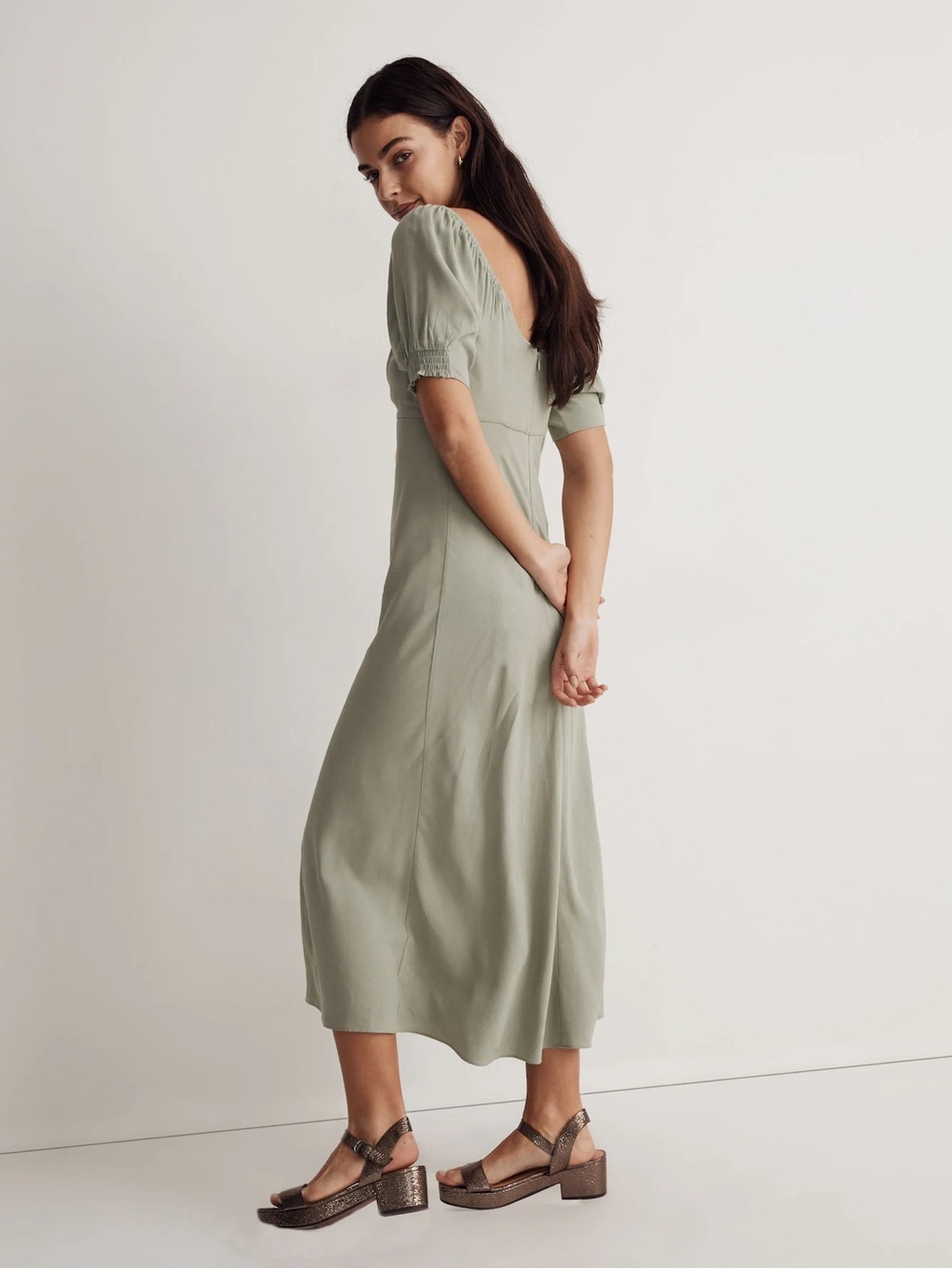 Madewell Sweetheart Puff-Sleeve Midi Dress in Frosted Sage Green - Picture 2 of 7